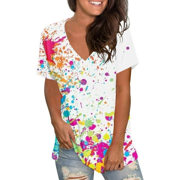 Awdenio Clearance Womens Casual Short Sleeve Shirts Tunics Tops for Summer Women Cold Shoulder Butterfly Print Short Sleeve Plus-Size Shirt Blouse Tops