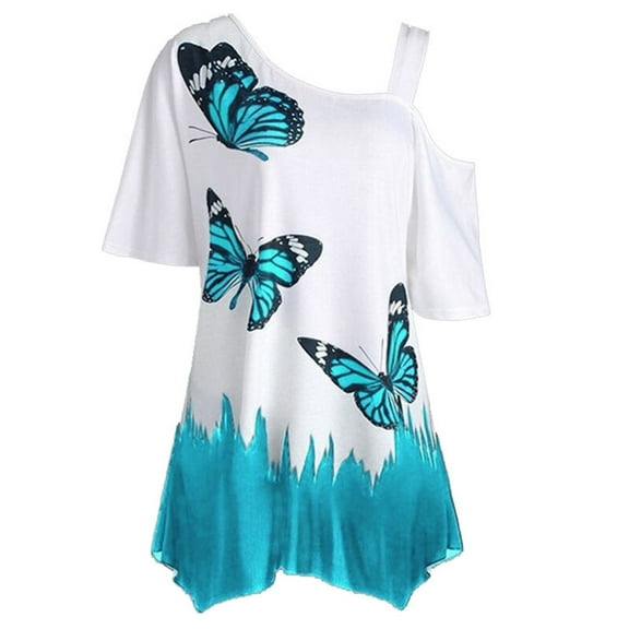 KIHOUT Womens Casual Short Sleeve Shirts Tunics Tops for Summer Women Cold Shoulder Butterfly Print Short Sleeve Plus-Size Shirt Blouse Tops