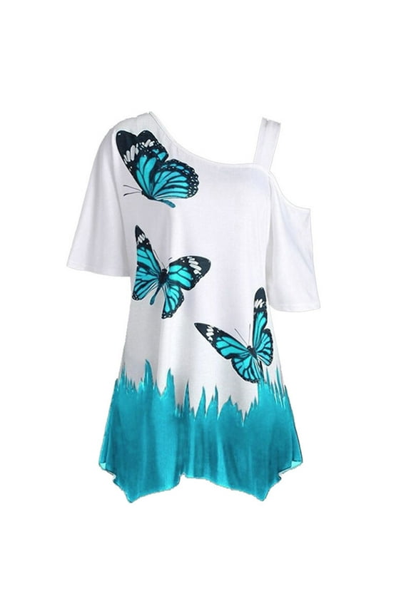 Womens Casual Short Sleeve Shirts Tunics Tops for Summer Women Cold Shoulder Butterfly Print Short Sleeve Plus-Size Shirt Blouse Tops