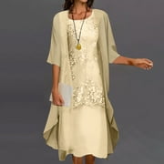 Awdenio Cocktail Dress for Women 2024, Fashion Women Casual V-Neck Dress Solid Long Sleeve Coat Two-Piece Set,Yellow,2XL