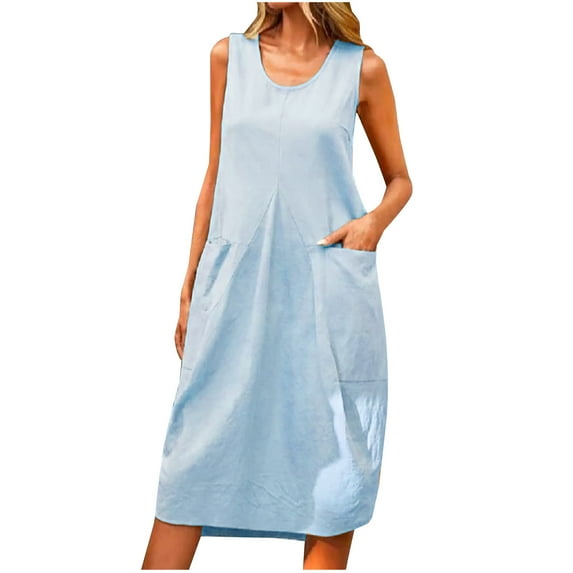 Awdenio Cocktail Dress for Women , Fashion Women Plus Size Solid Color Round-Neck Pocket Casual Sleeveless Ladies Knee-Length Dress