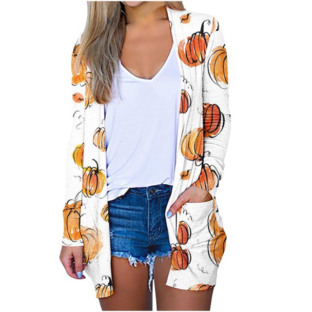 Awdenio Deals Women's Halloweens Pumpkin Print Cardigan Long Sleeve