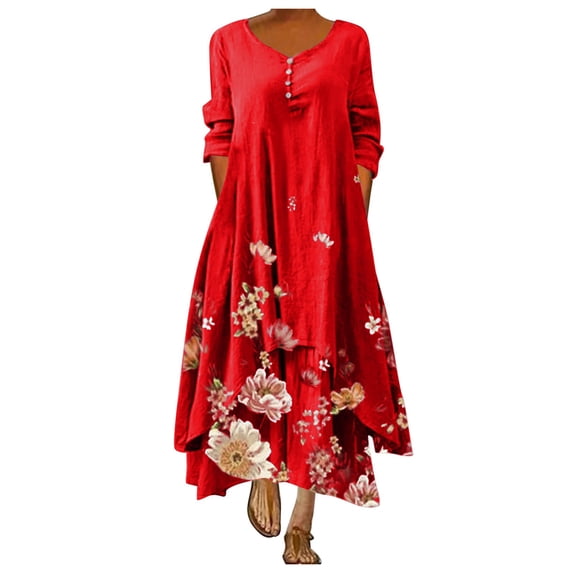 Awdenio Dress Women Casual Floral Print Dress Long Sleeve Irregular Loose Long Dress
