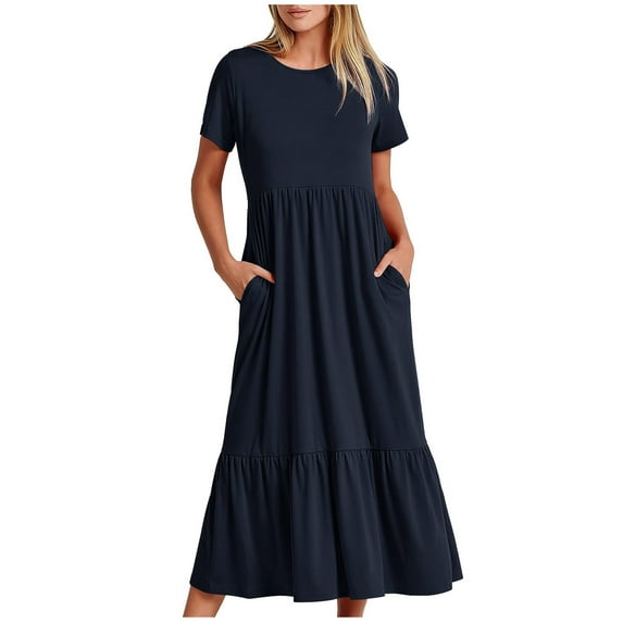 Awdenio Dress Women's Summer Casual Short Sleeve Crewneck Dress Casual Flowy Tiered Maxi Beach Dress With Pockets