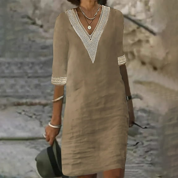 Awdenio Dresses for Women Fashion Women Summer Casual V-Neck Solid Color Short Sleeve Dress