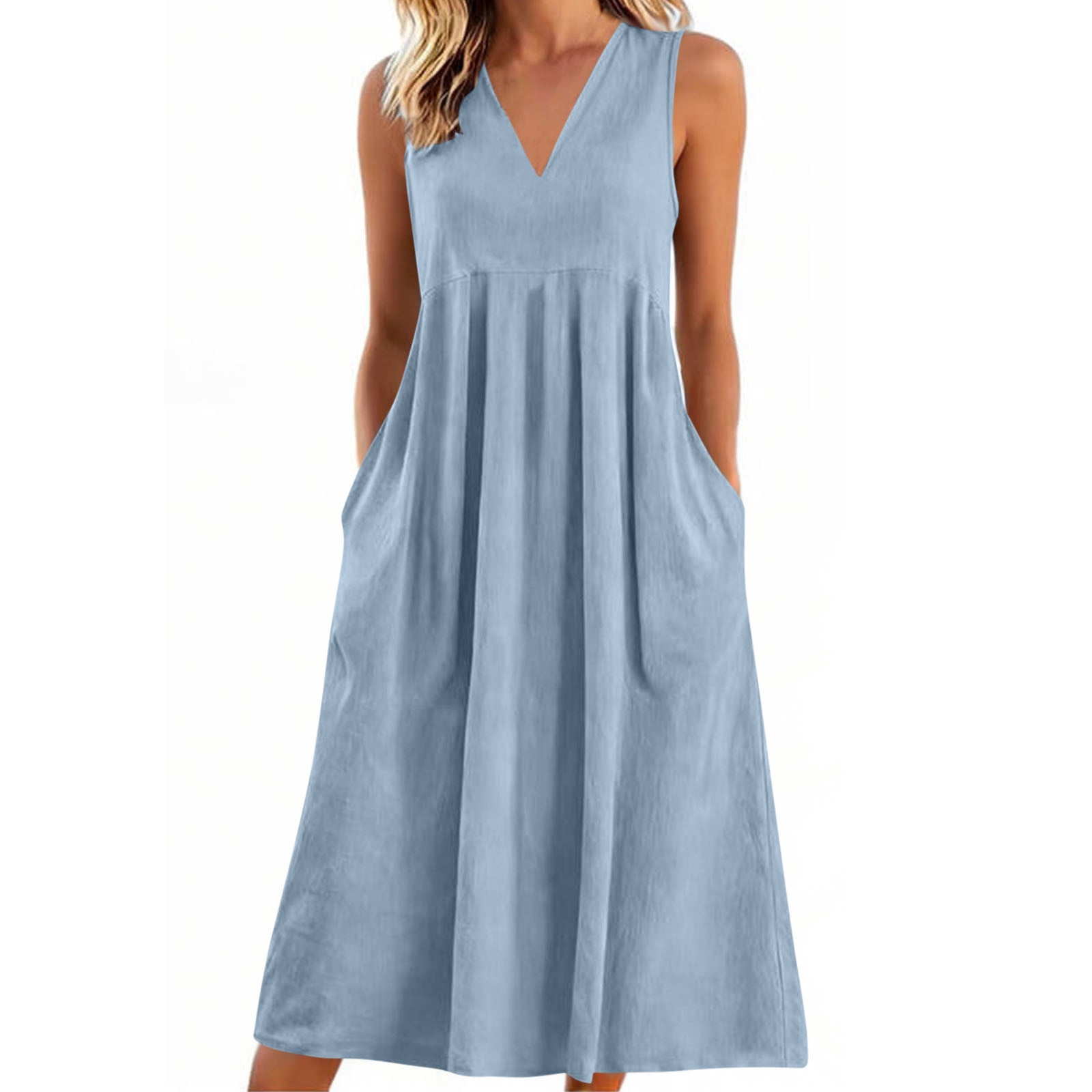 Awdenio Dresses for Women Summer Sundress Sleeveless Casual Dresses V Neck A-Line Beach Dress with Pockets