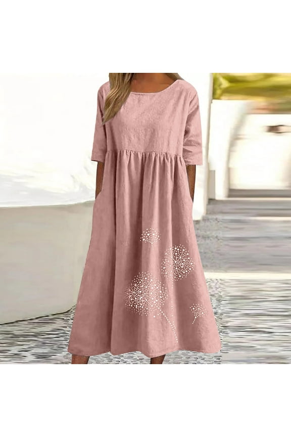 Dresses for Women Womens Spring and Summer Round Neck Printing Cotton and Linen Casual Short Sleeved Dress