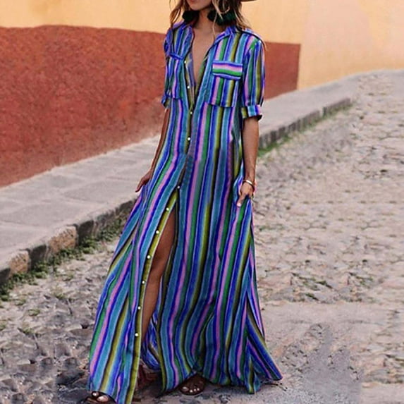 Awdenio Dresses for Women Plus Size Women Half Sleeve Striped Multicolor Loose Button Bohe Beach Long Robe Dress
