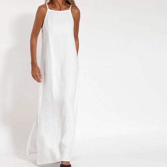 Awdenio Dresses for Women Plus Size Women's Spring and Summer Solid Color Sling Loose Cotton Linen Dress