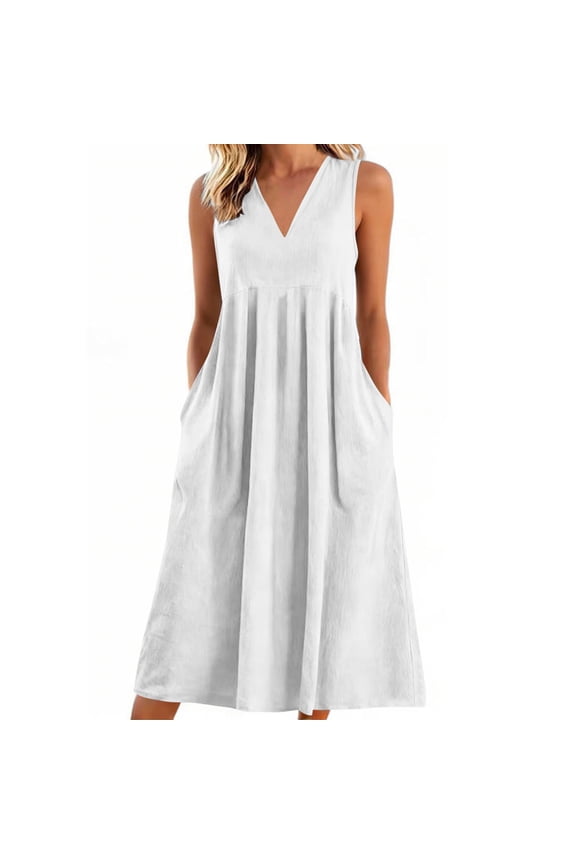 Dresses for Women Summer Sundress Sleeveless Casual Dresses V Neck A-Line Beach Dress with Pockets