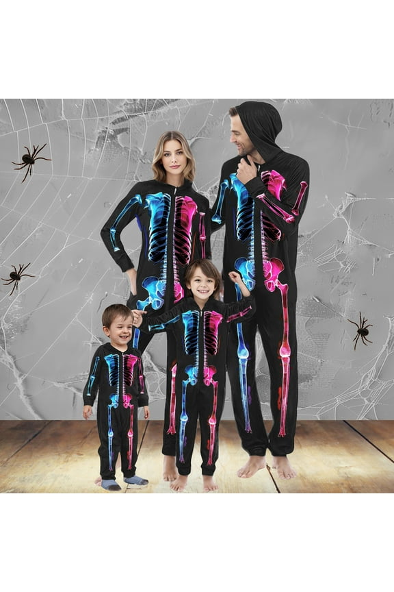 Family Halloween Pajamas Matching Sets Hooded Couples Men Pjs Women's Novelty One-piece Pajamas Christmas Sleepwear Cotton Holiday Skeleton Halloween Pjs