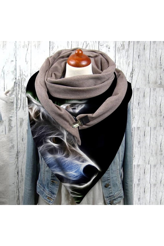 Awdenio Fashion Scarves Lightweight Universal Spring Warm Windproof Wolf Prints Double-Layer Buckle Scarf
