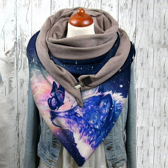 Awdenio Fashion Scarves Lightweight Universal Spring Warm Windproof Wolf Prints Double-Layer Buckle Scarf
