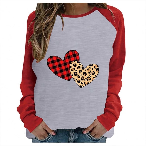 Awdenio Fashion Sweatshirt For Women Valentine's Day Print Casual Long-sleeved Patchwork Round Neck Pullover Top Shirt