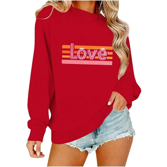KIHOUT Fashion Sweatshirt for Women Valentine's Day Women's Casual Printed Thin Sweater Long Sleeve Round Neck Shirt Tops