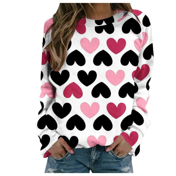 Awdenio Fashion Sweatshirt For Women Valentine's Day Women's Casual Printed Thin Sweater Long Sleeve Round Neck Shirt Tops
