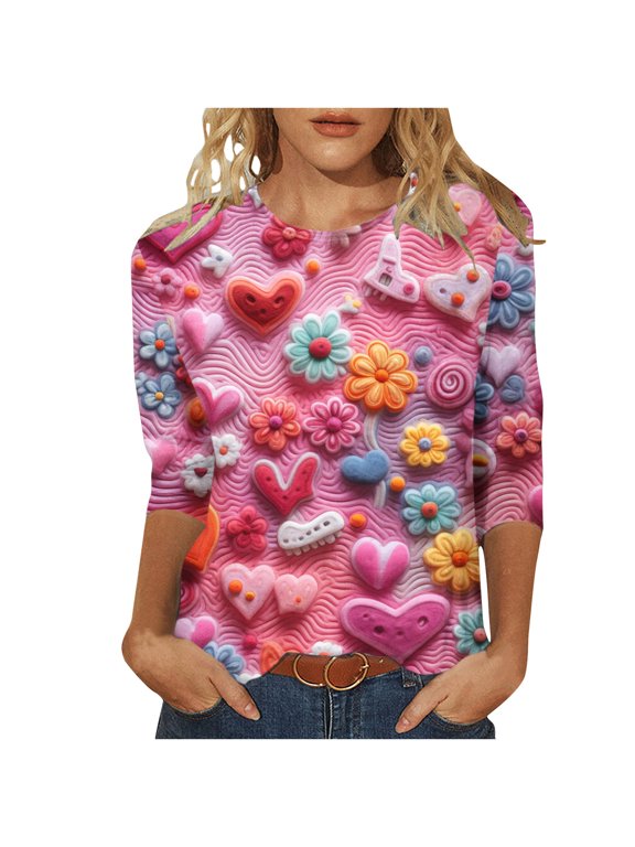 Awdenio Fashion Tops Women Fashion Printed Loose T-shirt Long Sleeves Blouse Round Neck Casual Tops