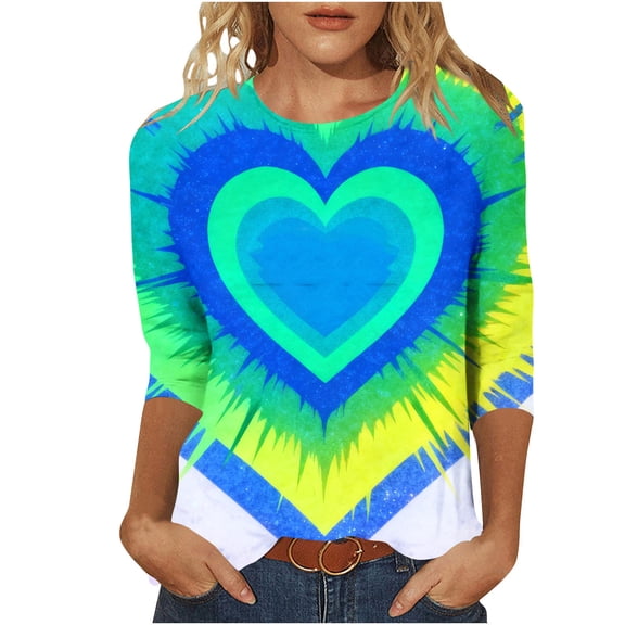 KIHOUT Fashion Tops Women's Valentine's Day Printed T-shirt Mid-length 3/4 Sleeves Blouse Round Neck Casual Tops,Size S-2XL