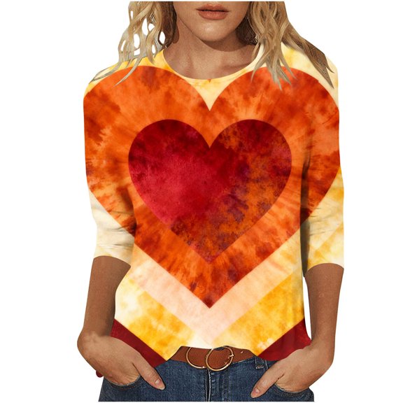 KIHOUT Fashion Tops Women's Valentine's Day Printed T-shirt Mid-length 3/4 Sleeves Blouse Round Neck Casual Tops,Size S-2XL