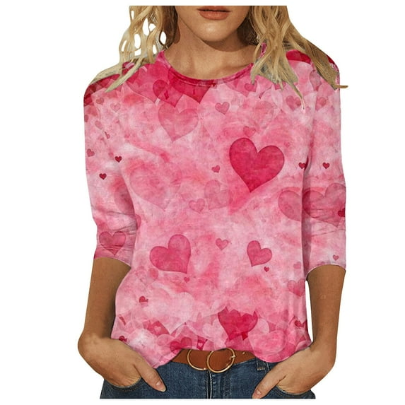KIHOUT Fashion Tops Women's Valentine's Day Printed T-shirt 3/4 Sleeves Blouse Round Neck Casual Tops
