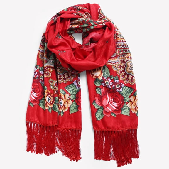 Awdenio Fashion Warps Scarves Lightweight Russian Babushka Women's Scarf Shawl Wrap Traditional Retro Ukraine Style Printed Tassels Long Scarfs