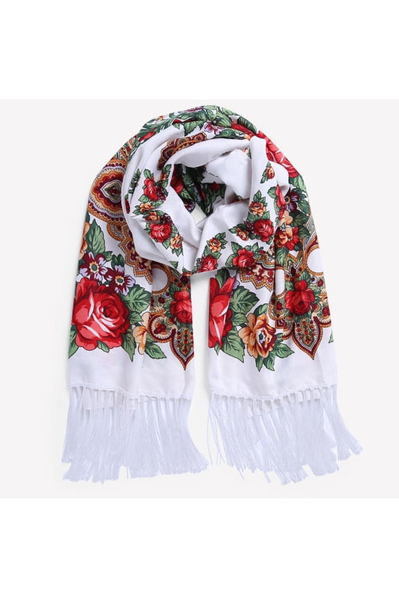 Awdenio Fashion Warps Scarves Lightweight Russian Babushka Women's Scarf Shawl Wrap Traditional Retro Ukraine Style Printed Tassels Long Scarfs