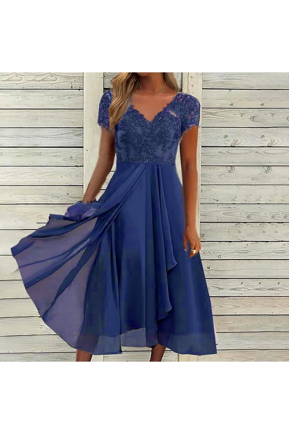Fashion Woman Clothes Stylish Slim Printed Round Neck Lace Chiffon Mesh Waist Party Dresses