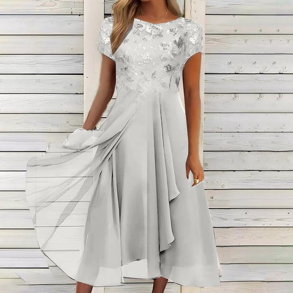 Awdenio Fashion Woman Clothes Stylish Slim Printed Round Neck Lace Chiffon Mesh Waist Party Dresses