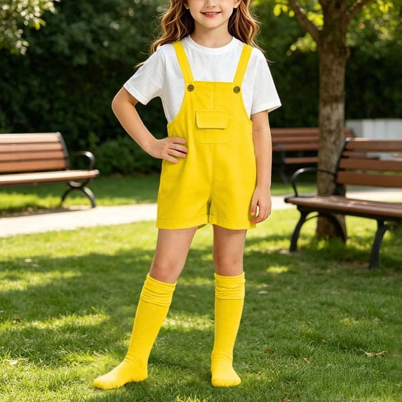 Awdenio Girls 3-Piece Summer Outfit, Colorful Shortalls Overalls + Crew Neck T-Shirt + Socks, Casual Breathable Playwear, Multiple Colors, 4th of July Patriotic Outfit