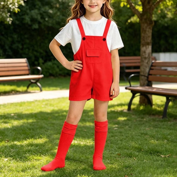 Awdenio Girls 3-Piece Summer Outfit, Colorful Shortalls Overalls + Crew Neck T-Shirt + Socks, Casual Breathable Playwear, Multiple Colors, 4th of July Patriotic Outfit