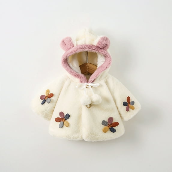 Awdenio Girls' Outerwear Jackets, Toddler Girls Solid Color Plush Cute Flowers Rabbit Ears Winter Hoodie Thick Coat Cloak