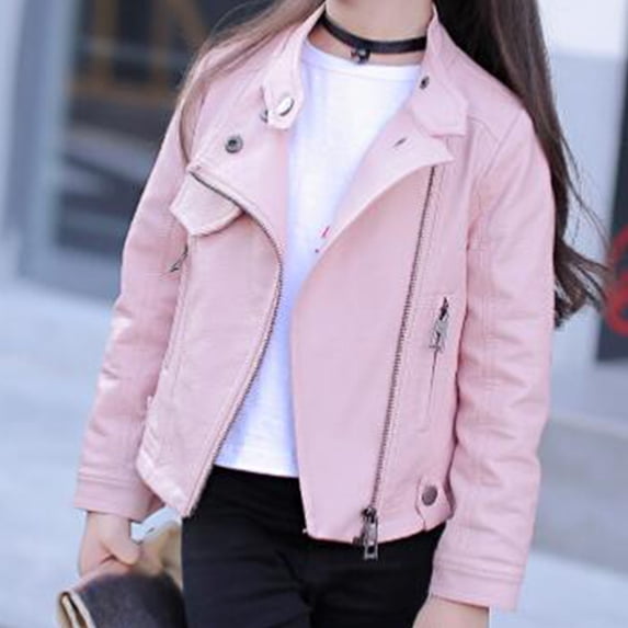 Awdenio Girls' Tops, Tees & Blouses, 4-13 Years Old Spring and Fall Lapel Leather Jacket Zipper Leather Jacket Long-sleeved Jacket
