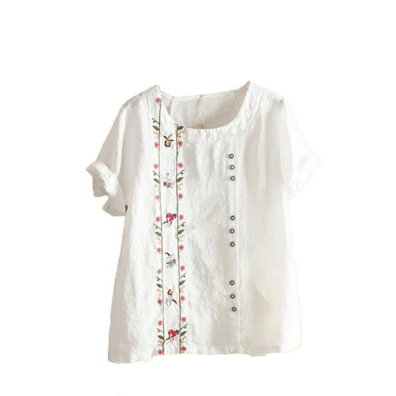 KIHOUT Graphic Tees for Women Short Sleeve Round Neck Floral Printed Cotton Linen Tops Loose T-Shirt Blouse Tops, Size S-5XL