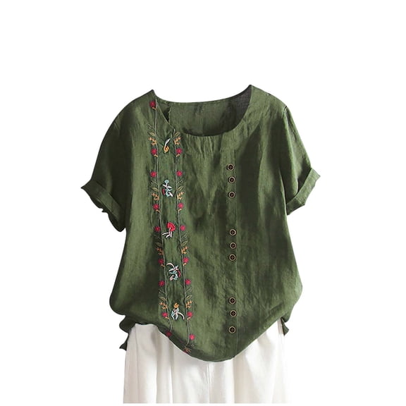 KIHOUT Graphic Tees for Women Short Sleeve Round Neck Floral Printed Cotton Linen Tops Loose T-Shirt Blouse Tops, Size S-5XL