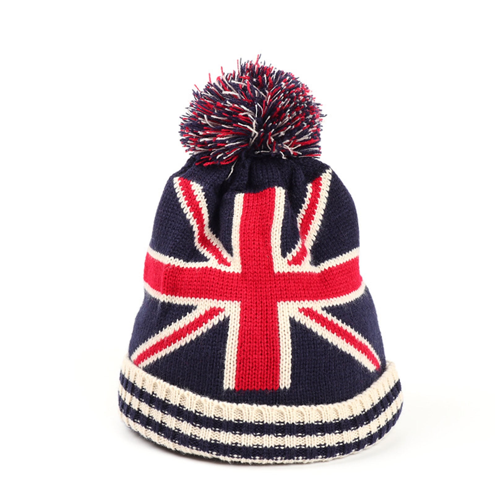 Withmoons Knit Flag-Inspired Pom Beanie Hat, Red
