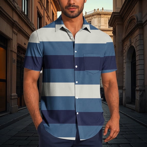 Awdenio Hawaiian Shirt for Men Striped Casual Short Sleeve Button Down Summer Beach Shirt Tropical Hawaiian Shirts