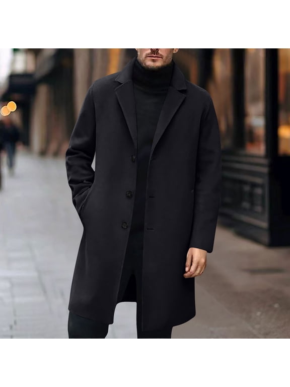 Jackets for Men Long Trench Coat Single Breasted Lapel Overcoat Casual Fall Winter Warm Peacoat