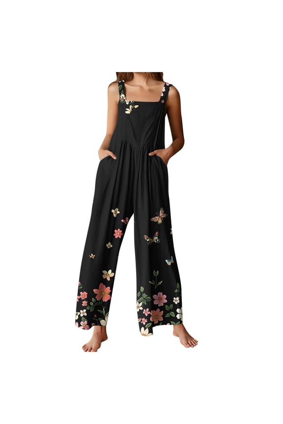 Jumpsuits for Women Sleeveless Jumpsuits Dressy Strapless Floral Rompers & Overalls Elegant with Pockets Wide Leg Jumpsuit