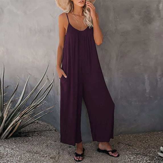 Awdenio Jumpsuits for Women Summer Sleeveless Loose Jumpsuit Shoulder Strap Adjustable Long Pants Rompers with Pockets