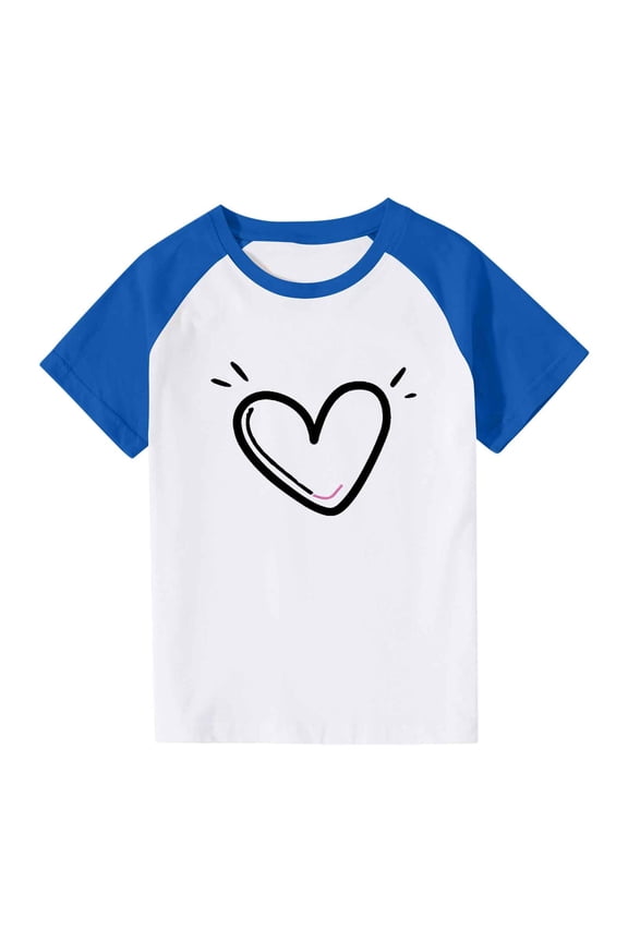 Kids Girls Cute Print Raglan Ringer Short Sleeve T-Shirt, Heart Graphic Tee For Girls Casual Wear and Playdates