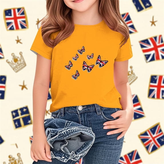 Awdenio Kids Girls Flag Butterflies Print Short Sleeve T-Shirt, Crew Neck Casual Tee ,Soft Top in Multi-Colors,for Patriotic Events and Everyday Wear,Size2-13