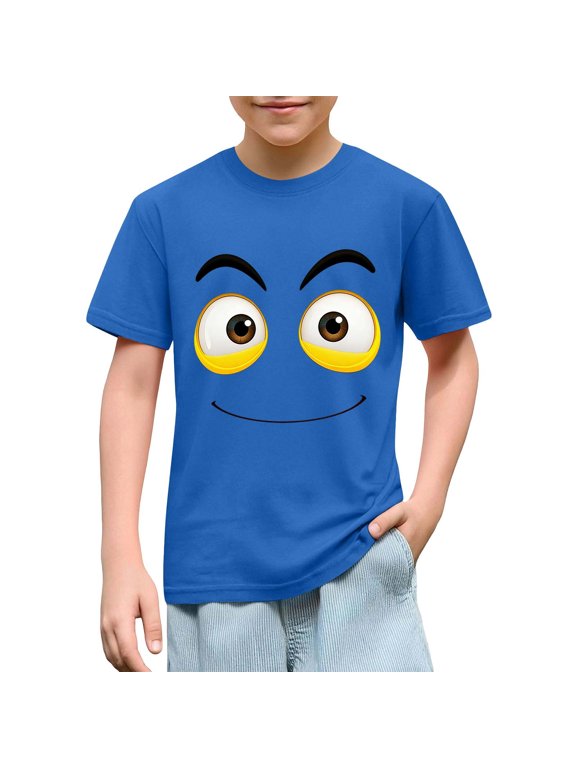 Kids Multi-Color Cartoon Face Graphic Summer T-Shirt, Crew Neck Short Sleeve Casual Tee, Funny Surprise Face Print Top, Great For Kids’Play,School