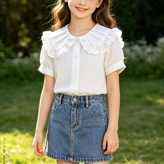Awdenio Kids White Lace Ruffle Peter Pan Collar Blouse, Short Sleeve Button Shirt , Elegant Casual Top for Spring Summer, School,Parties
