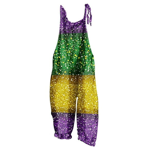 Awdenio Ladies Sleeveless Romper Dressy Adjustable Straps Mardi Gras Overalls Off-Shoulder Mask Print Cotton Linen Jumpsuit