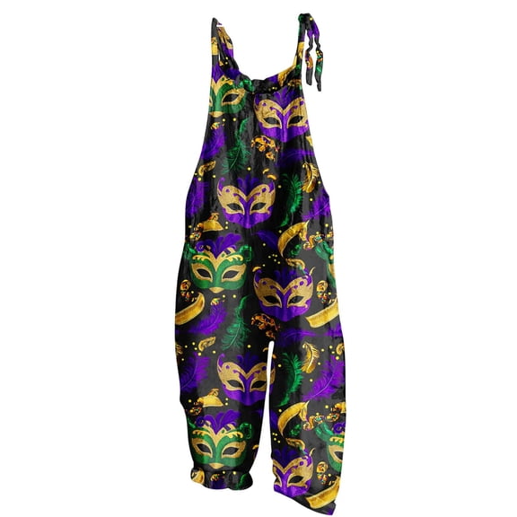 Awdenio Ladies Sleeveless Romper Dressy Adjustable Straps Mardi Gras Overalls Off-Shoulder Mask Print Cotton Linen Jumpsuit