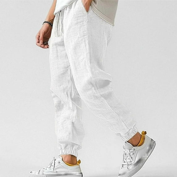 Awdenio Linen Pants Men Casual Elastic Waist Drawstring Pants Cotton Linen Baggy Lounge Pants Beach Trousers with Pockets