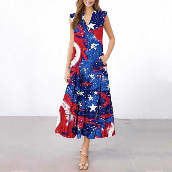 Awdenio Long Dresses for Women 4th of July Dress for Women Sleeveless American Flag Patriotic Elastic High Waist Sundress