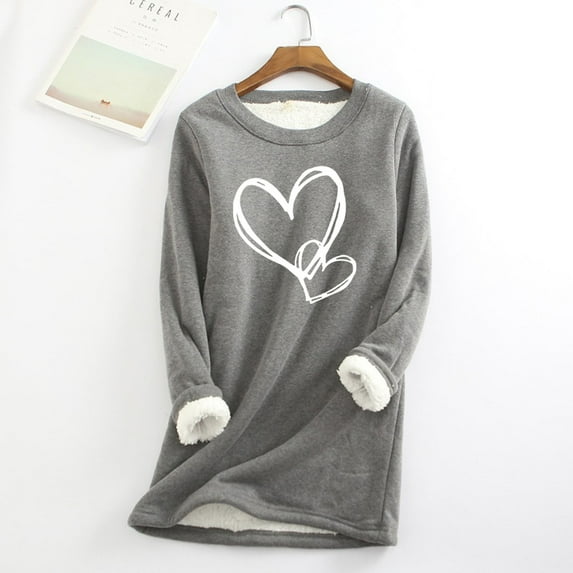 Awdenio Long Sleeve Sweatshirts For Women Women's Heart Printed Casual Style Fashion Plush Warm Underwear Long Sleeve Round Neck Top