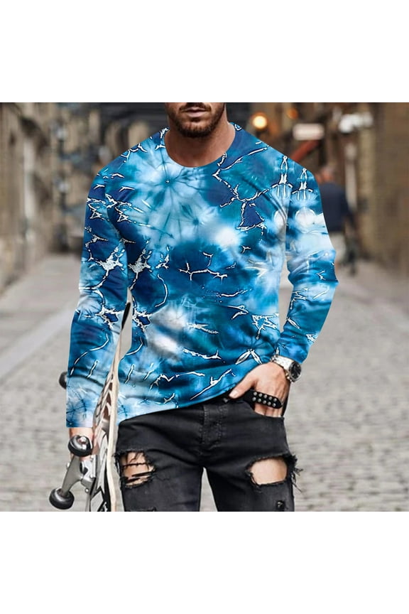 Long Sleeve T Shirt Men Tie Dye Print Graphic T Shirt Long Sleeve Spring T-Shirt Novelty Casual Tee