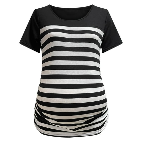 Awdenio Maternity Clothes for Women Clearance Round Neck Stripe Lace Patchwork Short Sleeve Side Ruched Blouse Tops T-Shirt